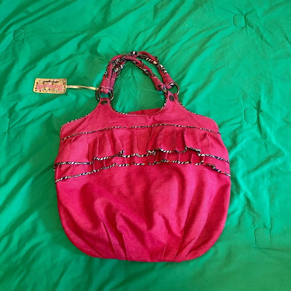Betsyville by Betsy Johnson LARGE red denim purse with bronze chain & ruffles.